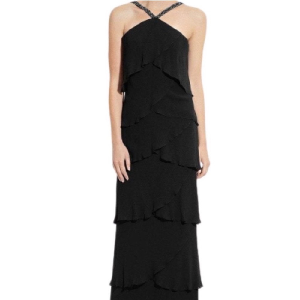 Daymor Couture 3451 Beaded Halter Layered Sheath Silk Evening Dress Black 12